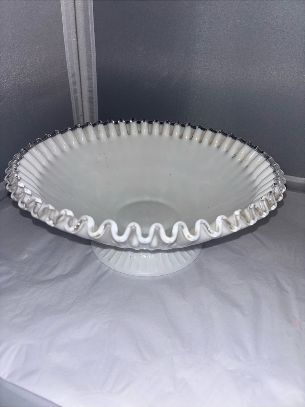 Fenton White Milk Glass Pedestal Bowl with Silver Ruffled Edge